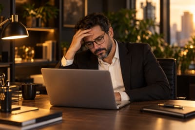 Empresário preocupado diante do notebook