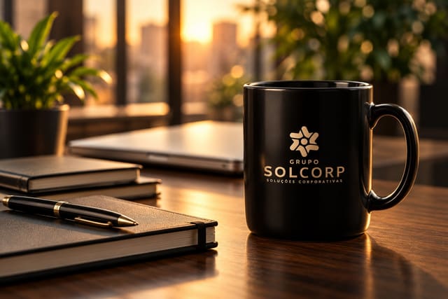 Caneca do Grupo SolCorp sobre a mesa de trabalho